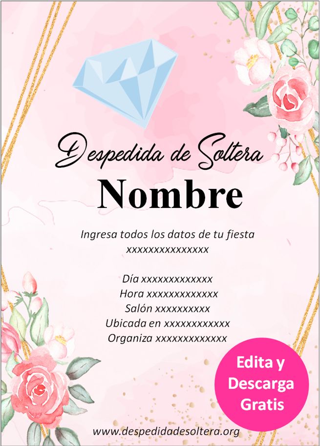 Invitación para Despedida de Soltera flores Borde dorado